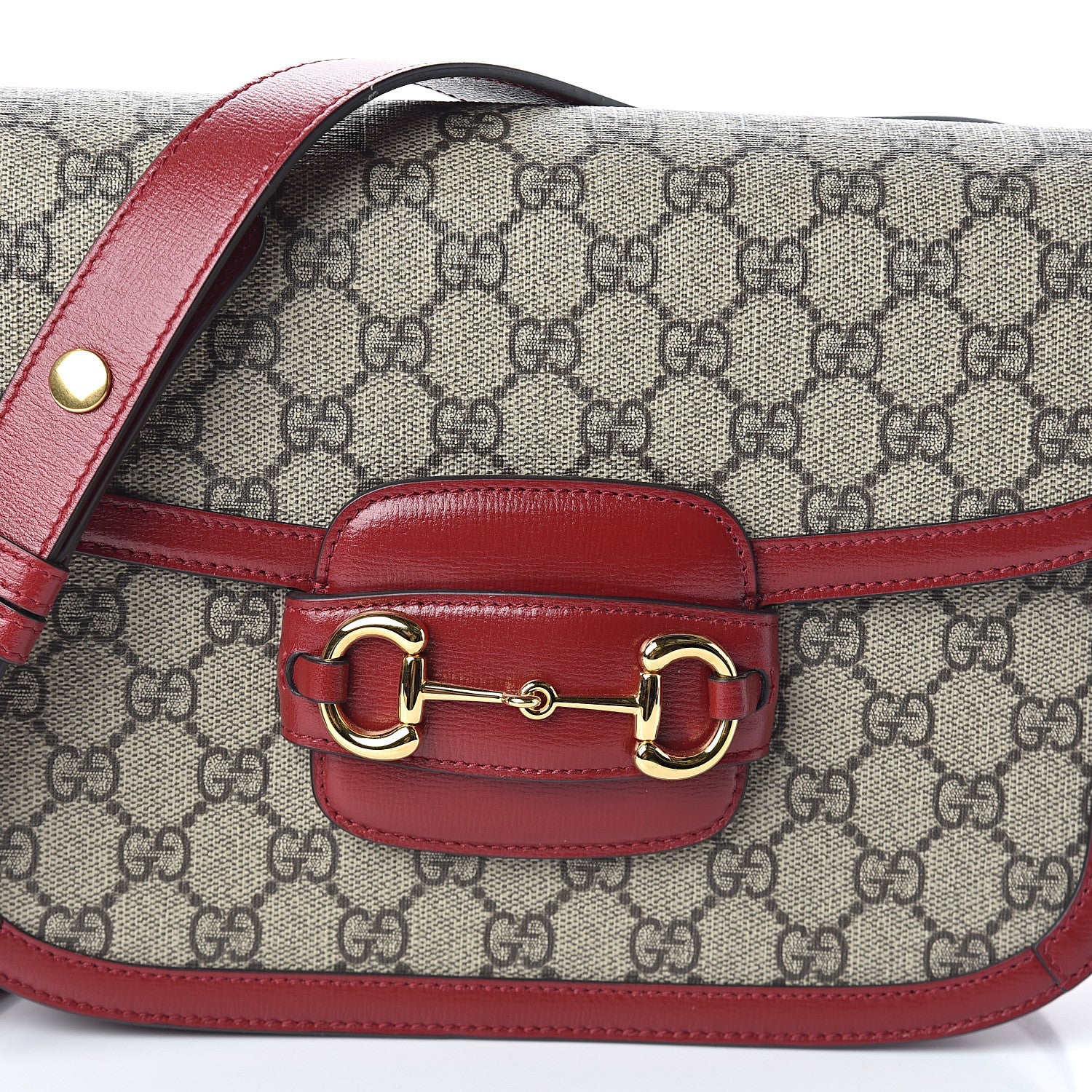 Gucci GG Supreme Monogram Azalea Calfskin Horsebit 1955 Shoulder Bag Beige Ebony New Cherry Red 7 of 9