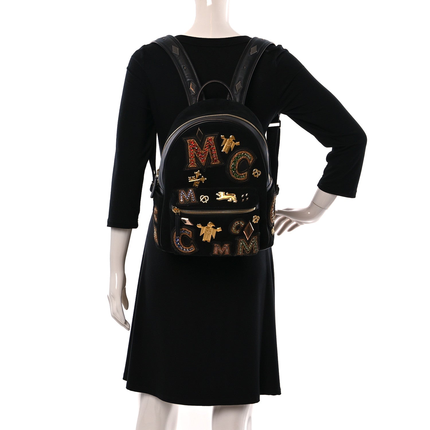 MCM Suede Crystal Victory Patch Backpack Black 2 of 12