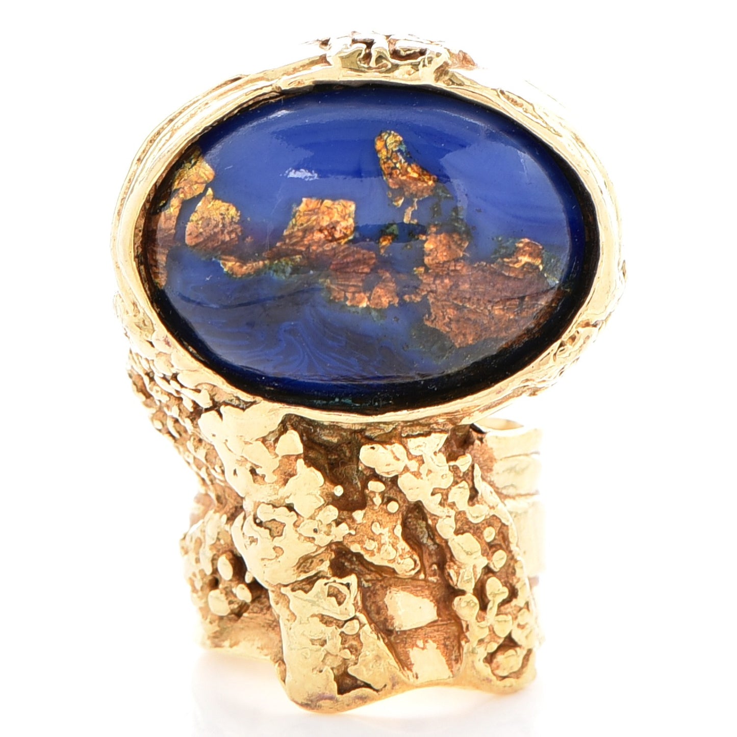 Glass Cabochon Arty Ovale Ring 6 Blue Gold