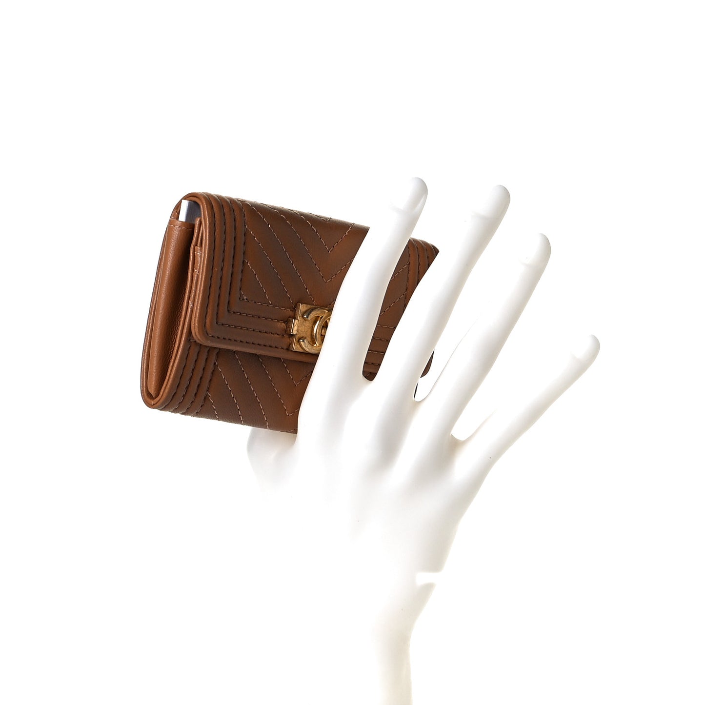 Lambskin Chevron Quilted Boy Card Holder Dark Beige