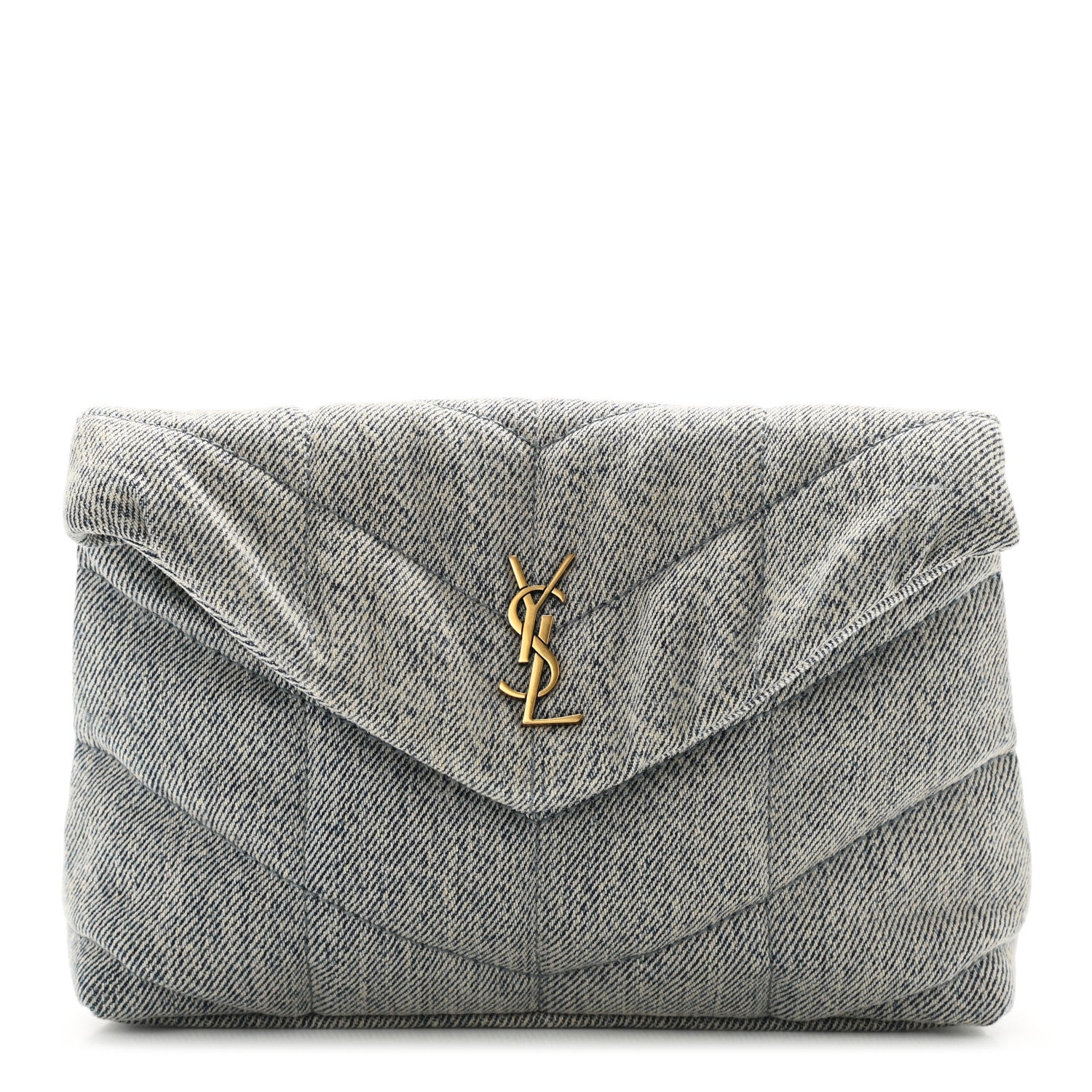 product image of SAINT LAURENT Denim Quilted Monogram Loulou Puffer Pouch Clutch Blue Gray Light Azur FASHIONPHILE
