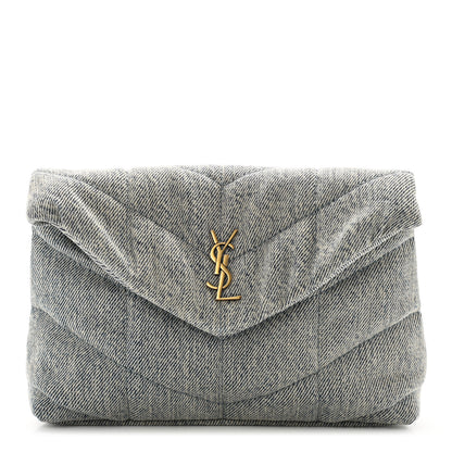 Saint Laurent Denim Quilted Monogram Loulou Puffer Pouch Clutch Blue Gray Light Azur 1 of 9