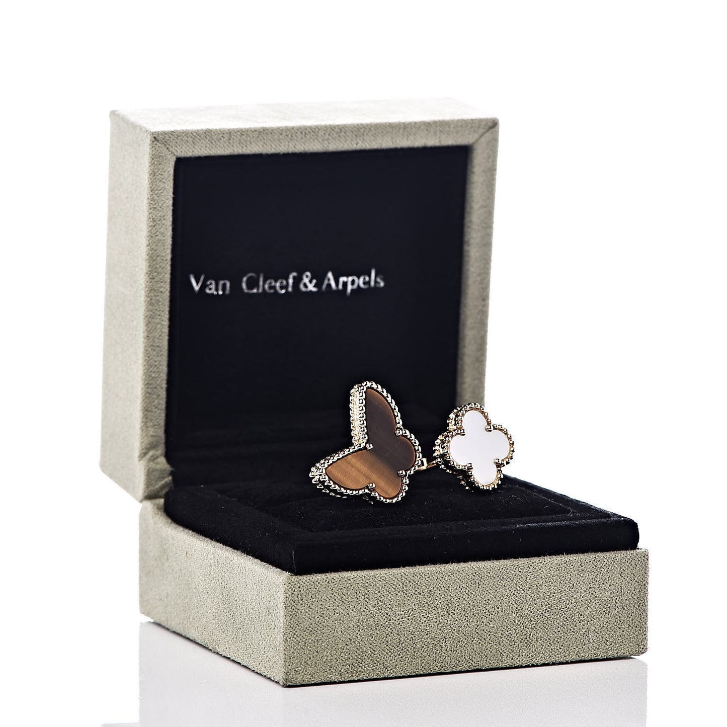 18K Yellow Gold Mother of Pearl Tiger Eye Lucky Alhambra Between the Finger Ring 51 5.75