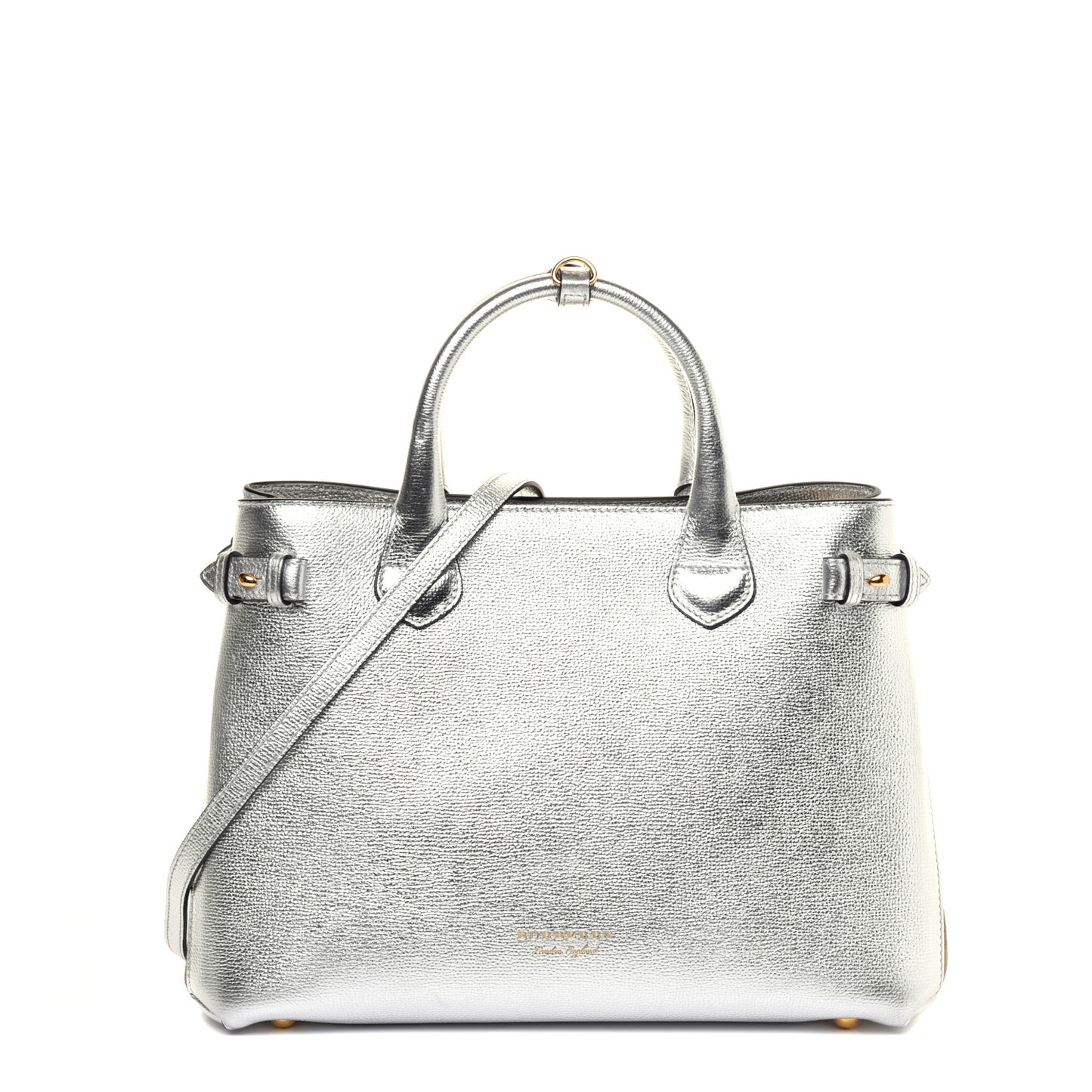 Metallic Grainy Calfskin House Check Medium Banner Tote Silver