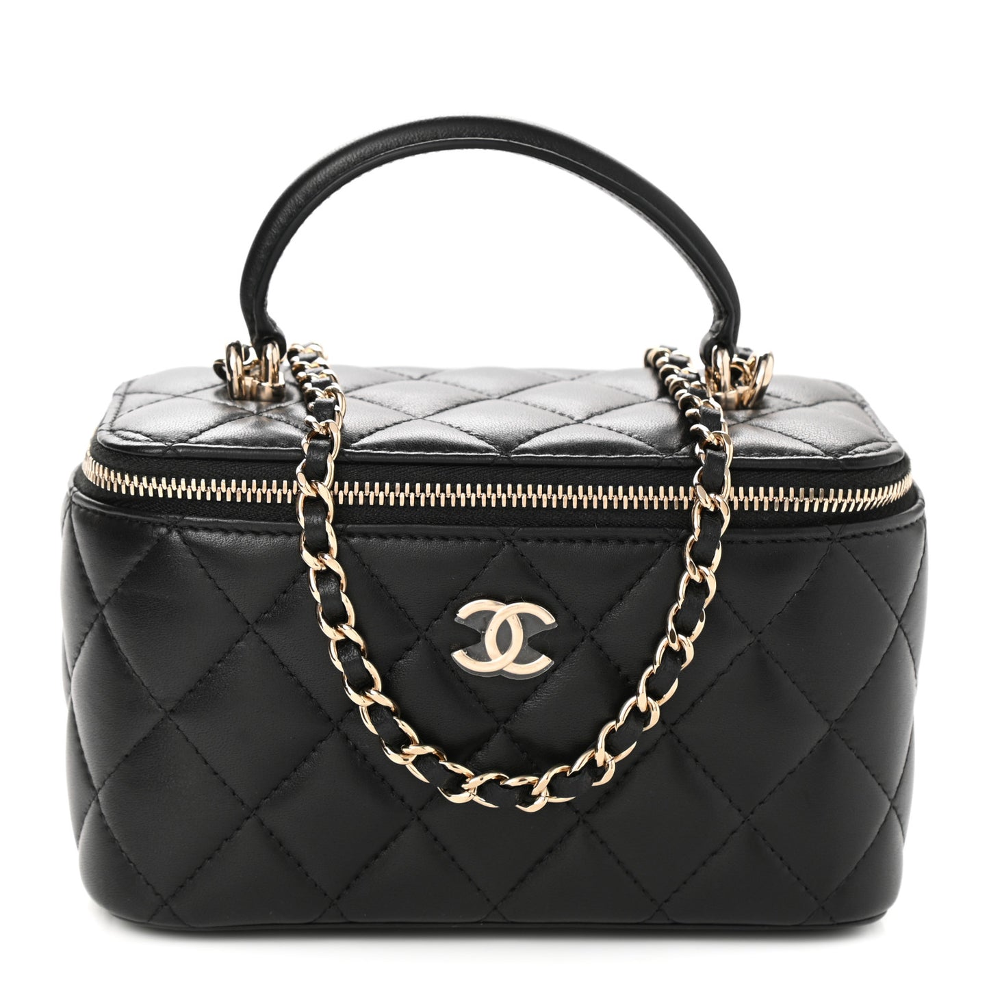 Lambskin Quilted Small Top Handle Vanity Case With Chain Black