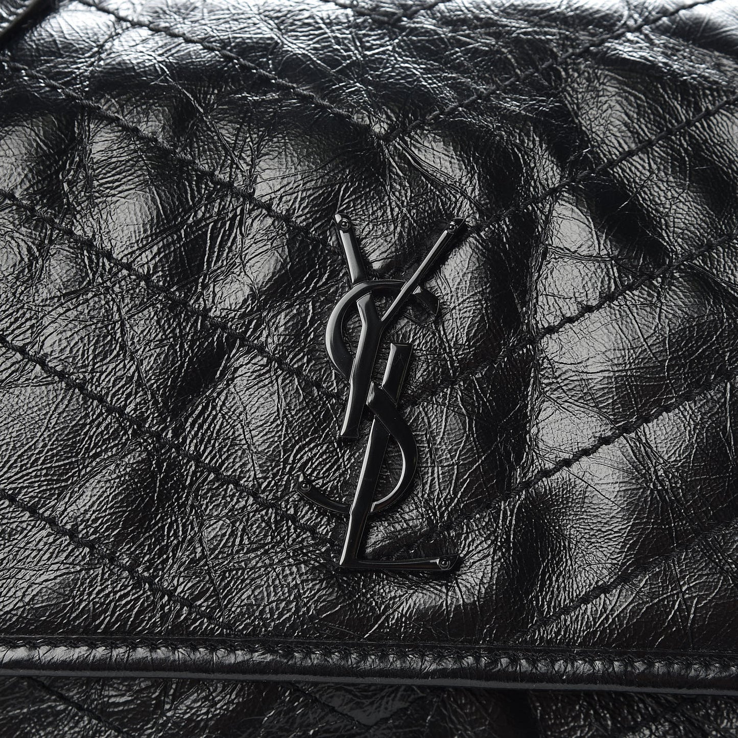 Crinkled Calfskin Matelasse Monogram Medium Niki Chain Satchel Black