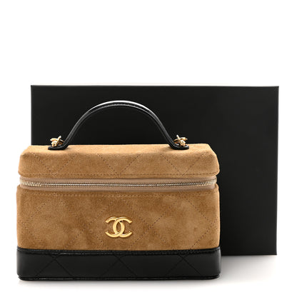 Chanel Suede Calfskin Shiny Lambskin Quilted Top Handle Slim Vanity Case With Chain Beige Black 10 of 10