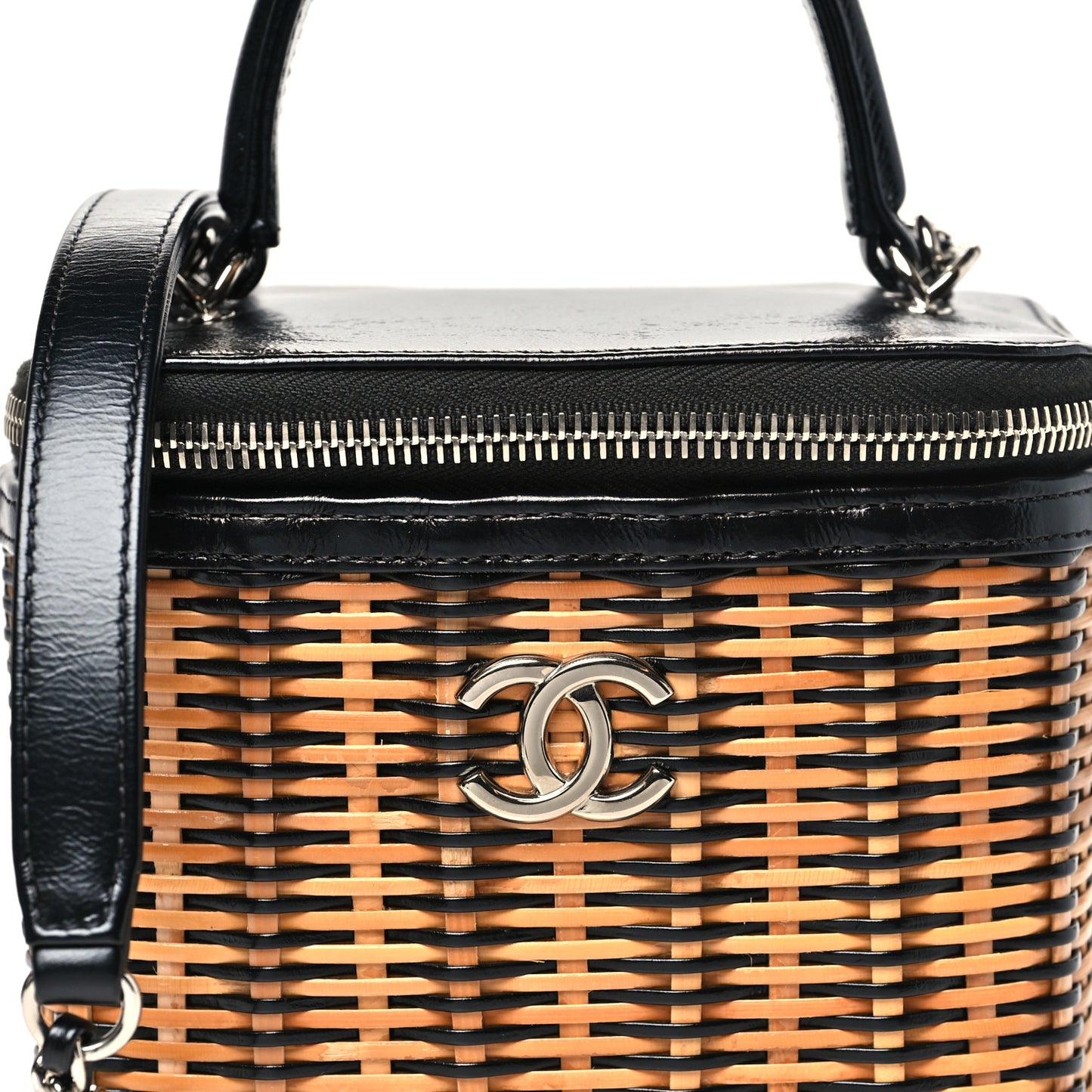 Calfskin Raffia Small Vanity Case Bag Black Beige