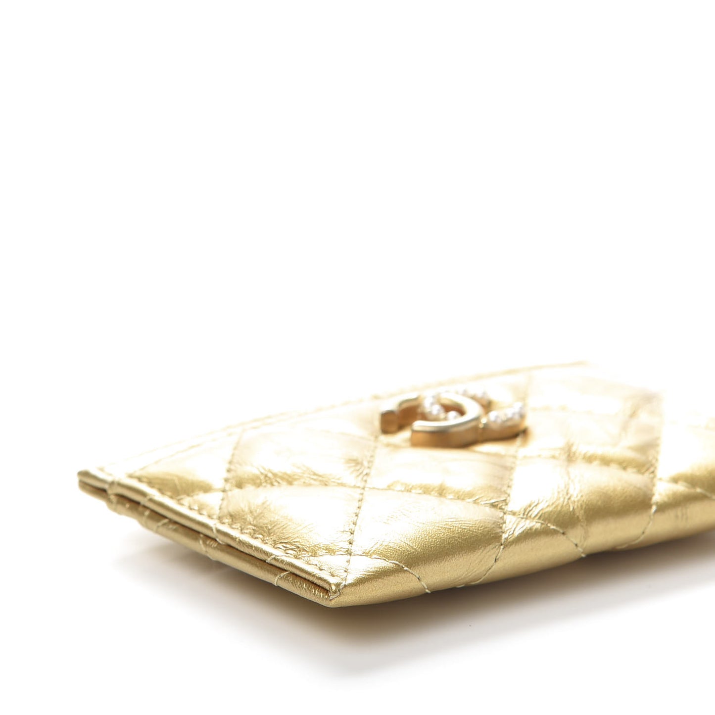 Metallic Distressed Calfskin Quilted CC Card Holder Gold