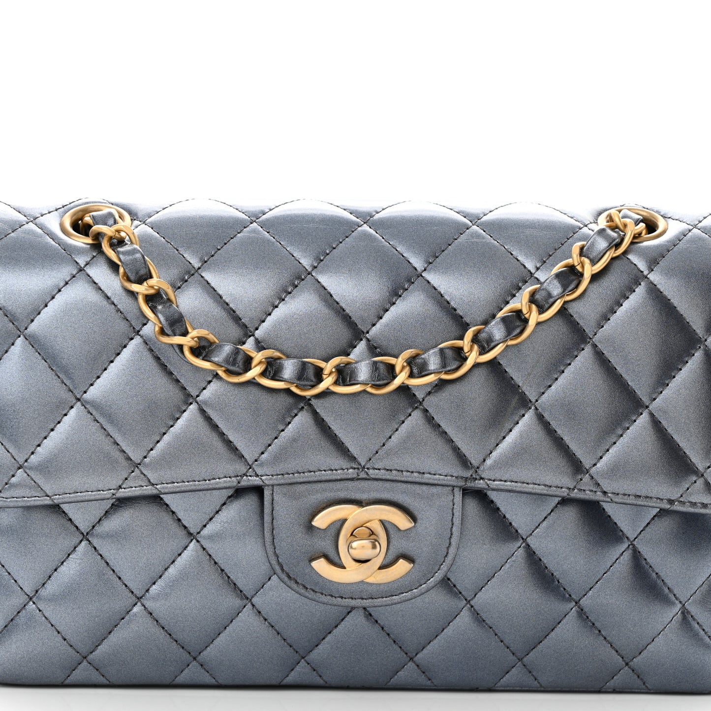 Metallic Lambskin Quilted Small Double Flap Blue