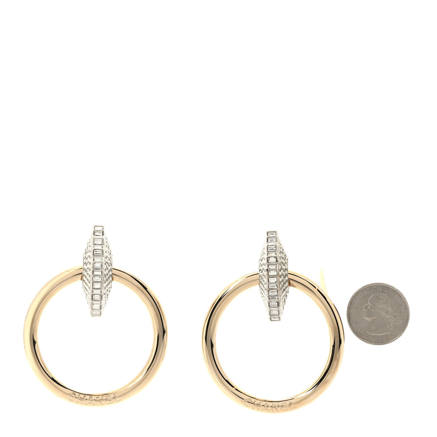 Chanel Baguette Crystal Hoop Clip On Earrings Gold 2 of 5