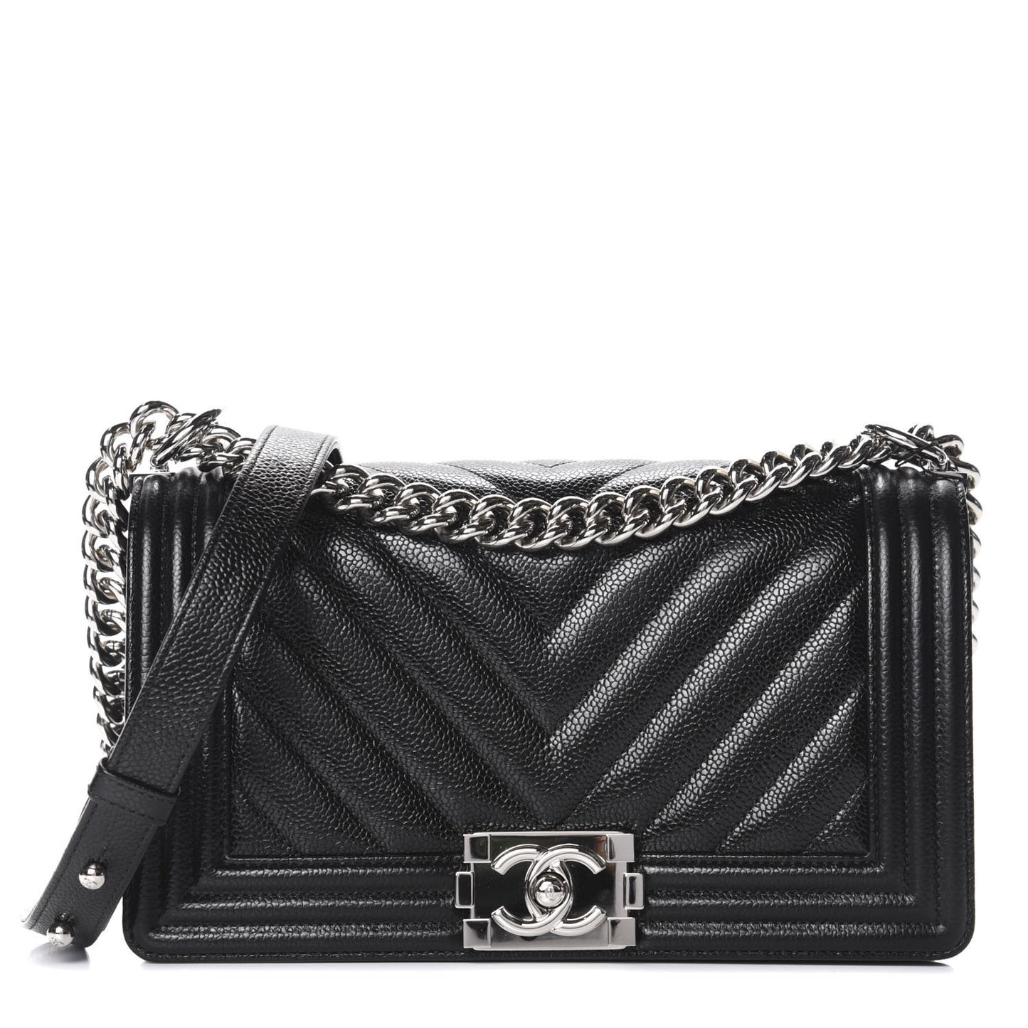 Caviar Chevron Quilted Medium Boy Flap Black