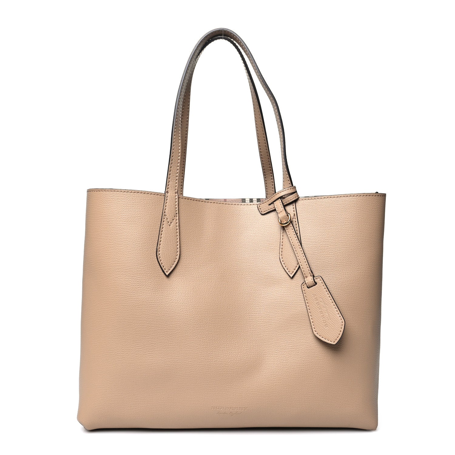 Burberry Grainy Calfskin Haymarket Check Medium Reversible Tote Camel 12 of 14