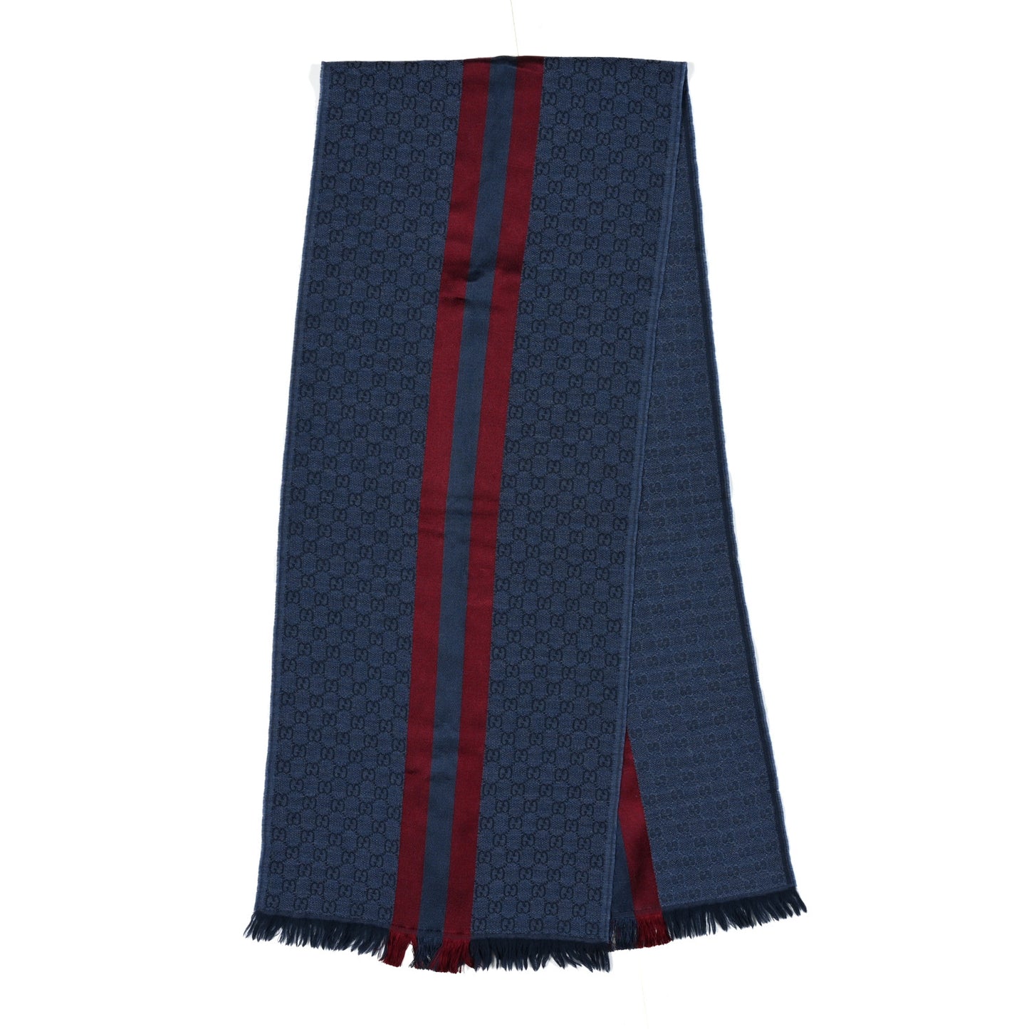 Wool Silk GG Monogram Web Verbiere Fringe Scarf Navy Blue