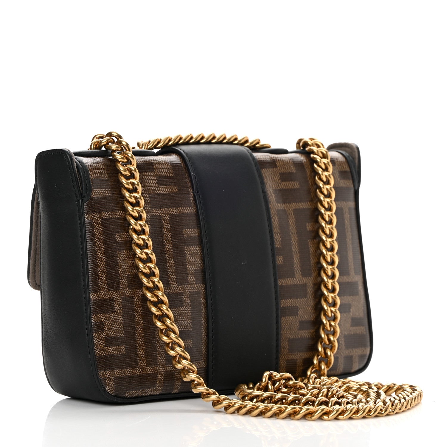 Fendi Glazed Fabric Vitello Century FF 1974 Stamp Patch Mini Double F Crossbody Bag Mogano Panna Black 2 of 10