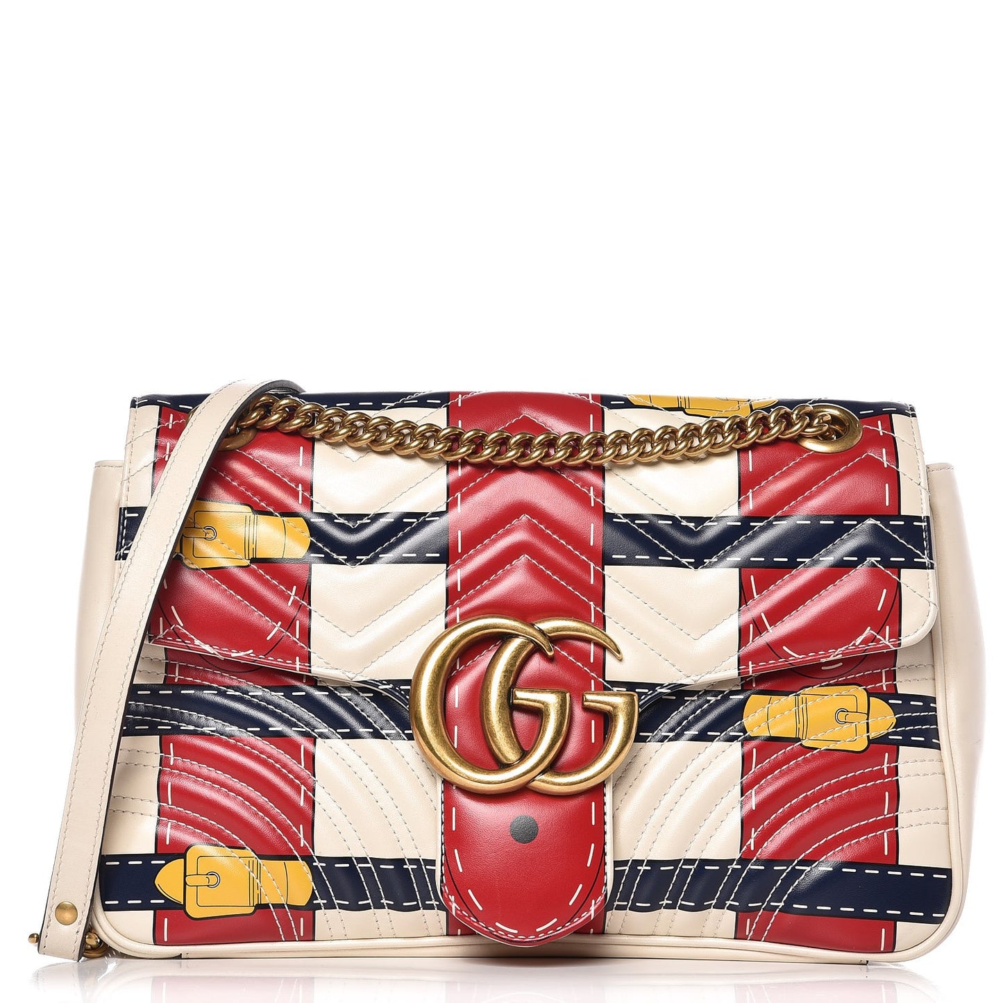 Calfskin Matelasse Trompe L'Oeil Print Medium GG Marmont Shoulder Bag Mystic White Hibiscus Red Marine Giallo