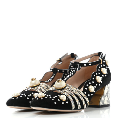 Gucci Suede Snakeskin Pearl Studded Ofelia Pumps 36.5 Black 3 of 8