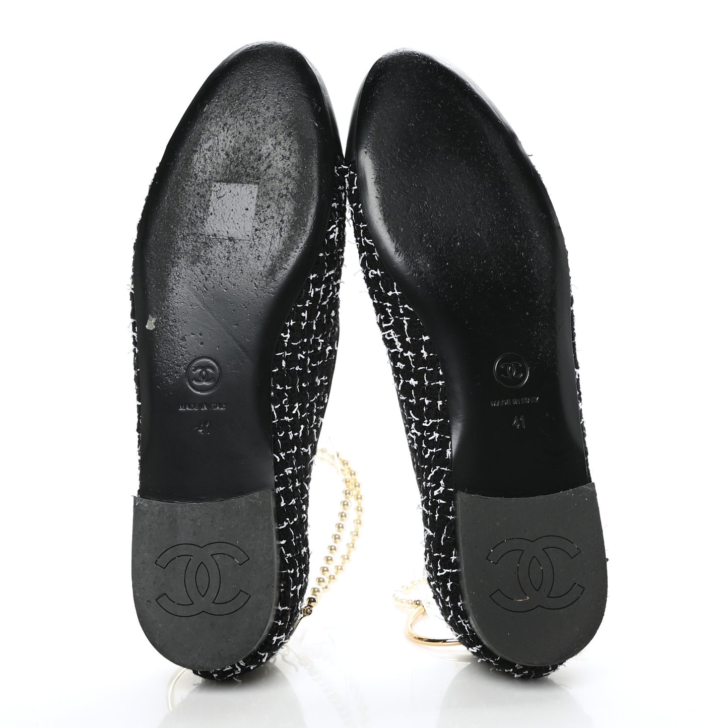 Tweed Lambskin Cap Toe Ankle Chain Ballerina Flats 41 Black White