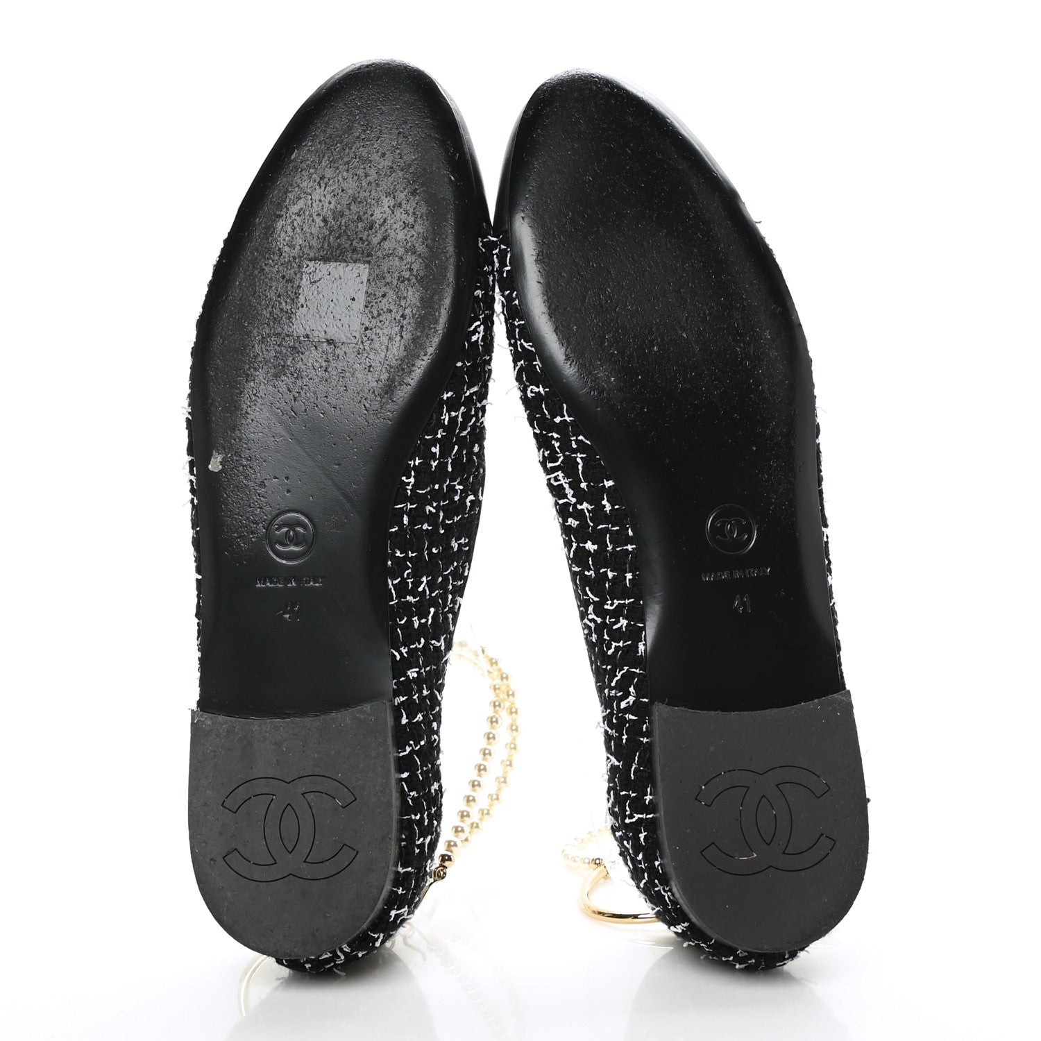 Chanel Tweed Lambskin Cap Toe Ankle Chain Ballerina Flats 41 Black White 5 of 10