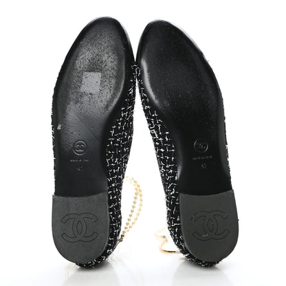 Chanel Tweed Lambskin Cap Toe Ankle Chain Ballerina Flats 41 Black White 5 of 10