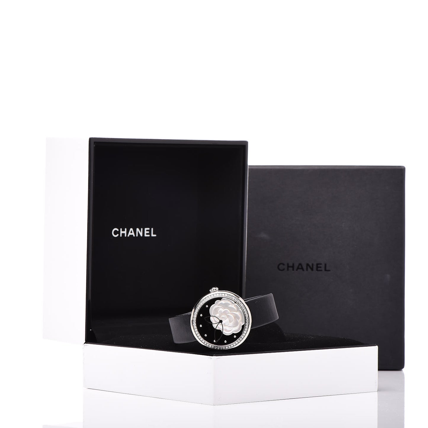 18K White Gold Satin Diamond Bezel Onyx Mother of Pearl 37.5mm Mademoiselle Prive Quartz Watch Black