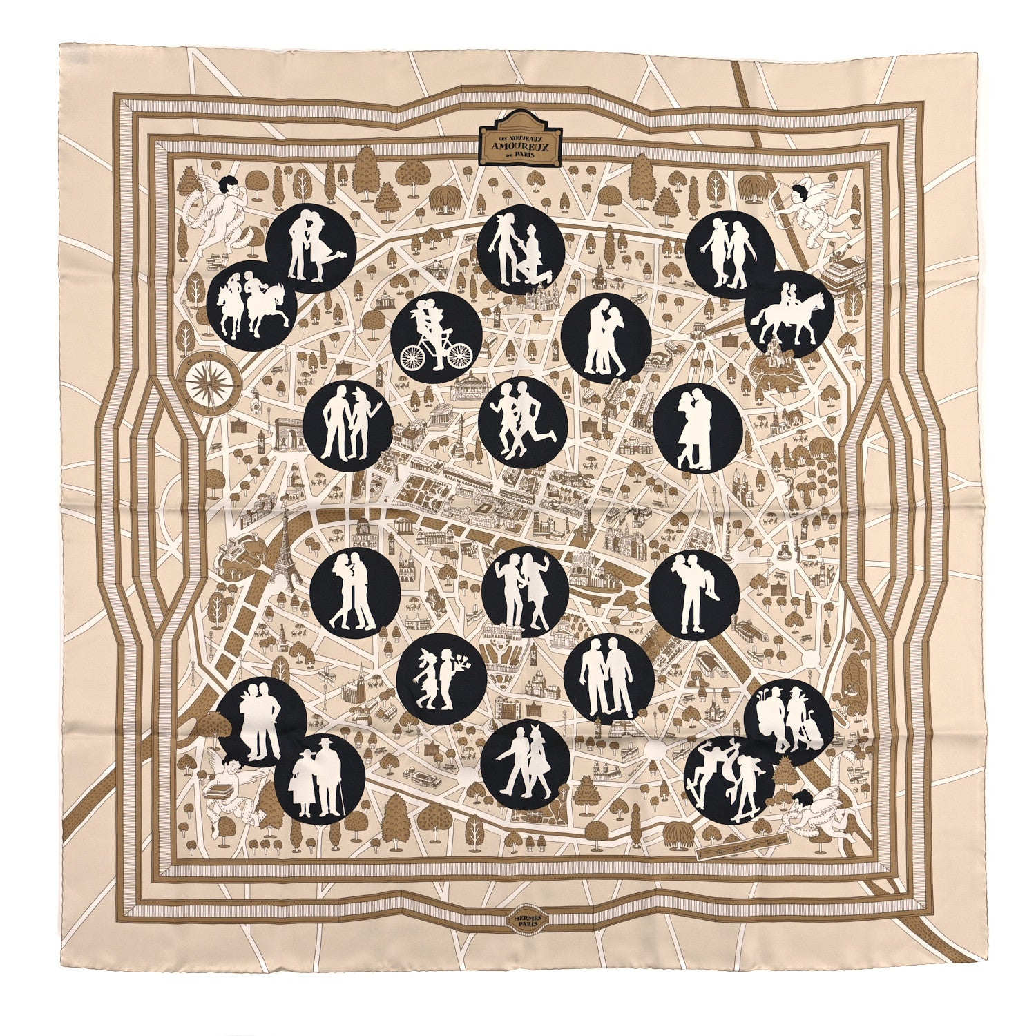 Hermes Silk Les Nouveaux Amoureux de Paris Scarf 90 Beige Black White 1 of 3