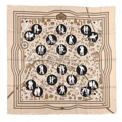 Hermes Silk Les Nouveaux Amoureux de Paris Scarf 90 Beige Black White 1 of 3