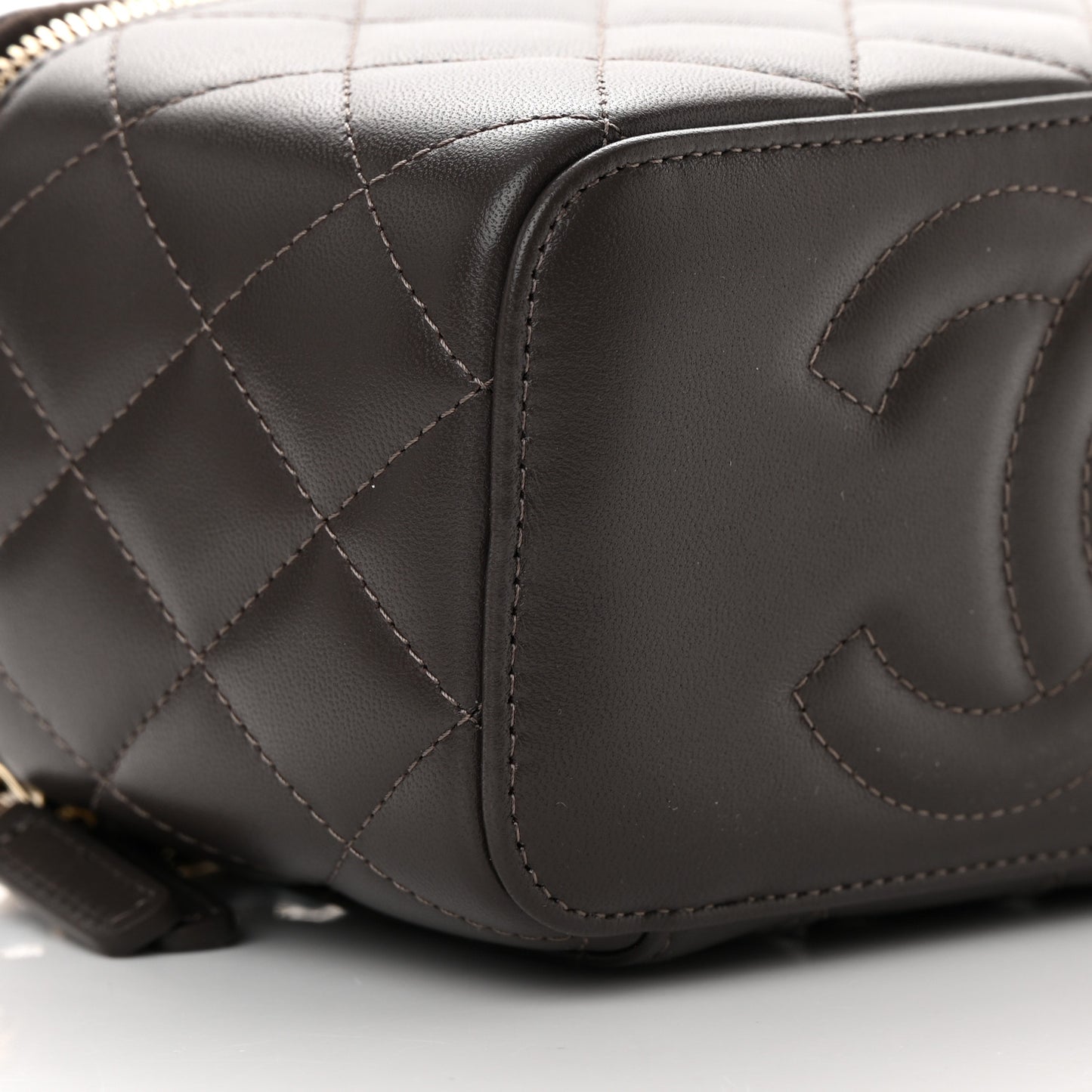 Lambskin Quilted Small Top Handle Vanity Case With Chain Dark Brown