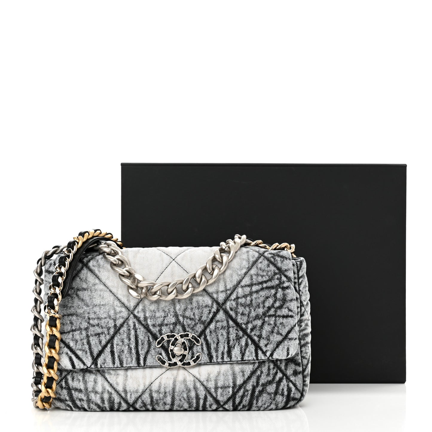 Washed Denim Quilted Medium Chanel 19 Flap Black White
