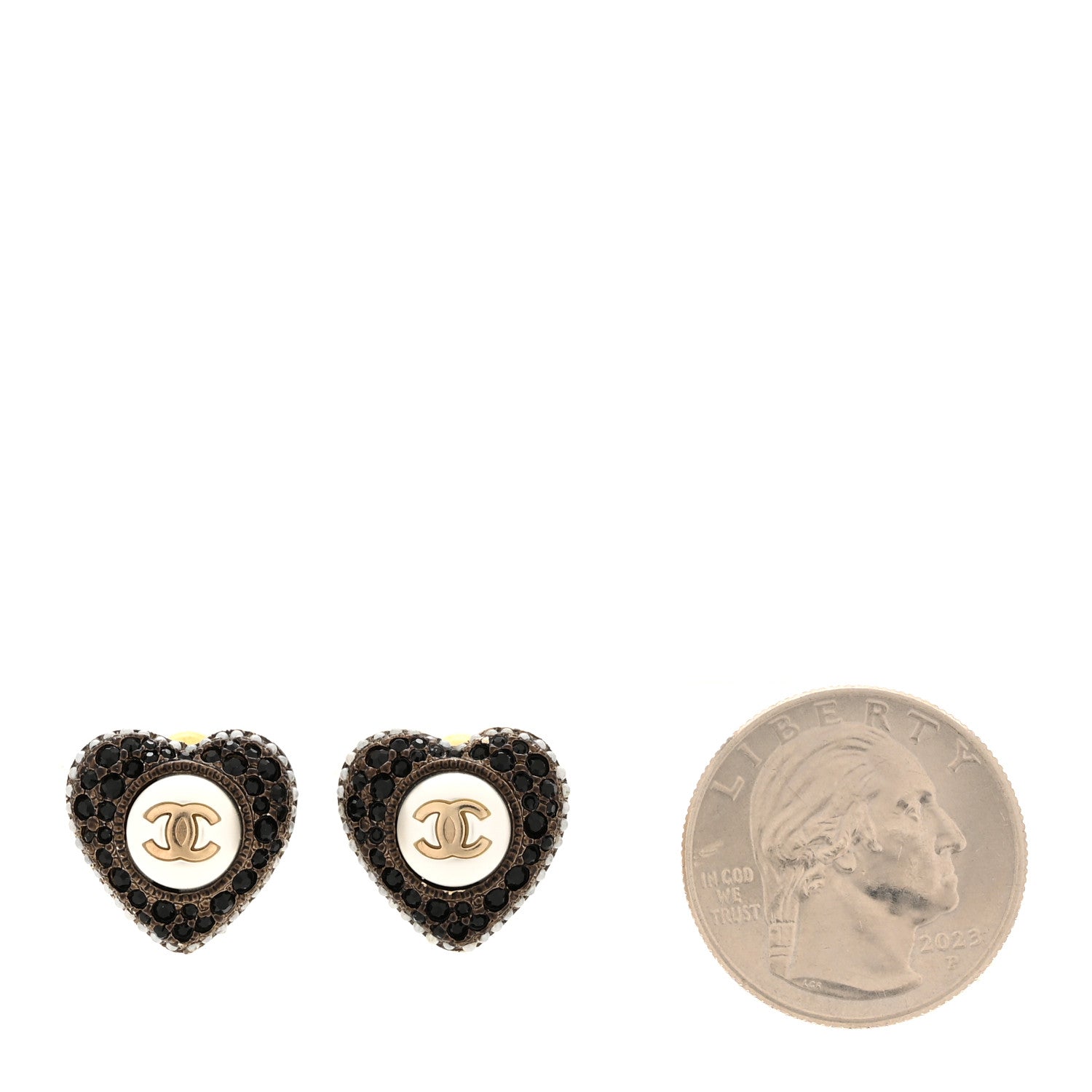 Chanel Pearl Crystal CC Heart Earrings Gold Black 2 of 5