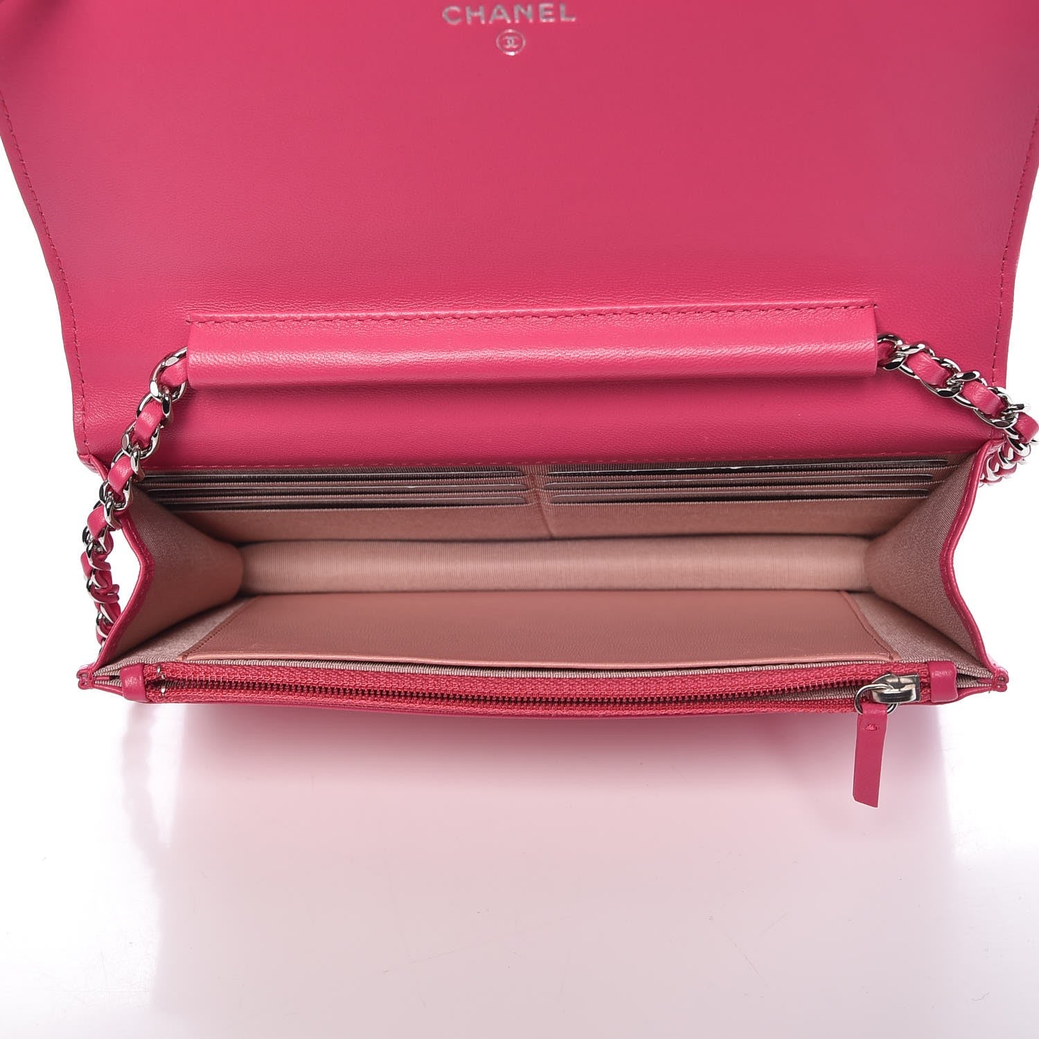 Chanel Lambskin Camellia Embossed Wallet on Chain WOC Fuchsia 5 of 9