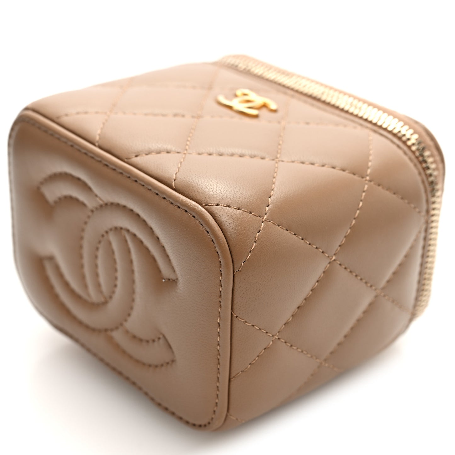 Lambskin Quilted Pearl Crush Mini Vanity Case With Chain Beige