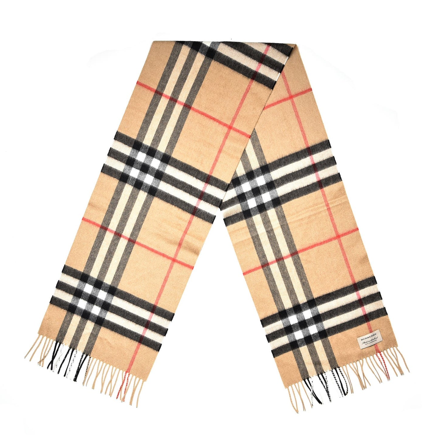 Cashmere Giant Check Fringe Scarf Camel