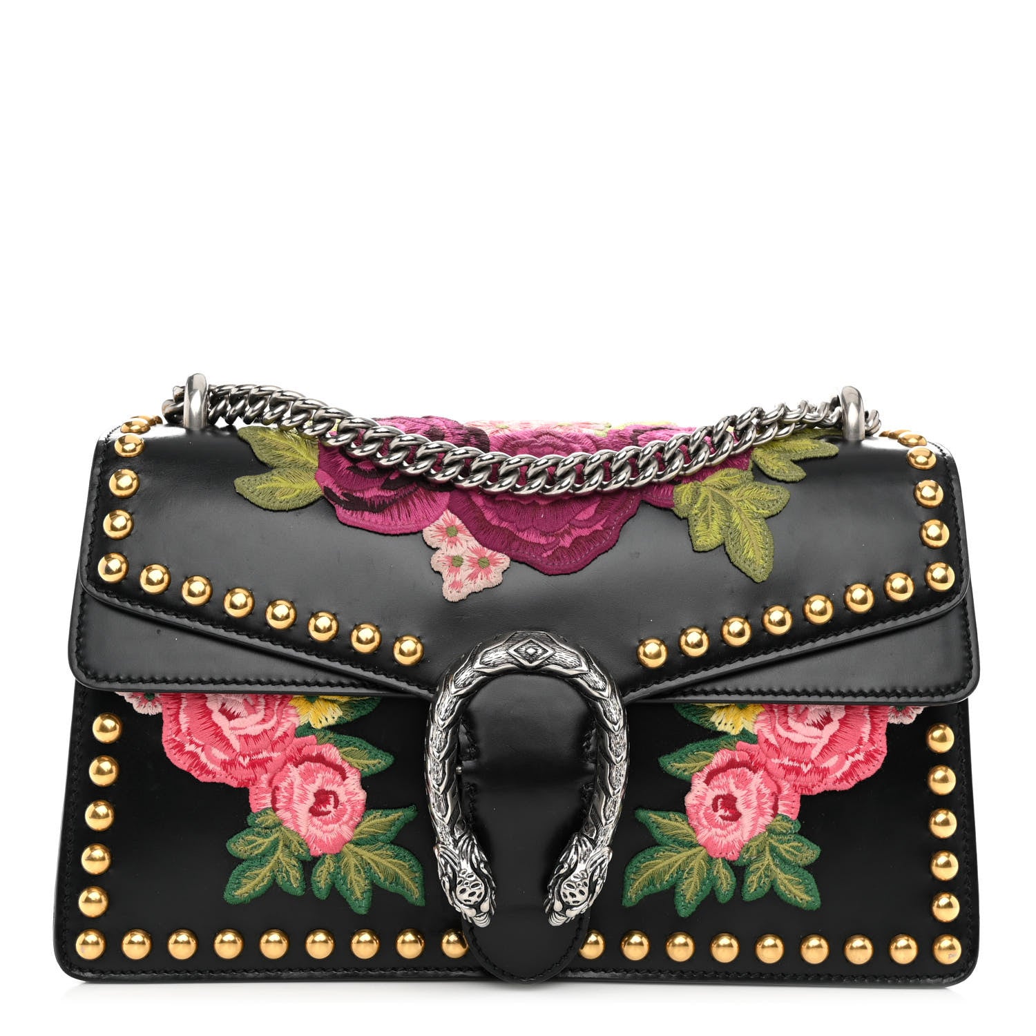 Gucci Calfskin Floral Embroidered Studded Small Dionysus Shoulder Bag Black 1 of 9