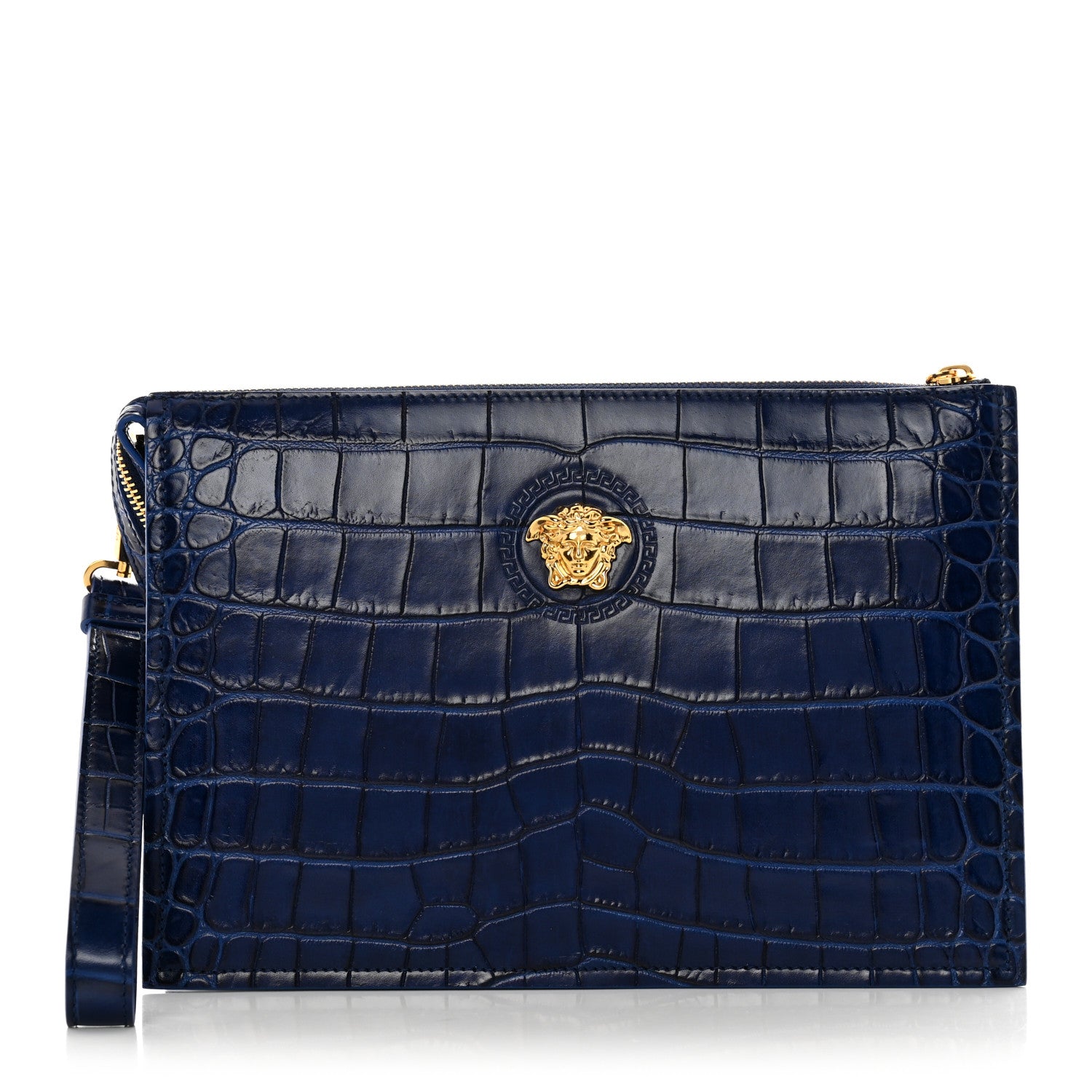 Versace Calfskin Crocodile Embossed La Medusa Pouch Blue 1 of 6