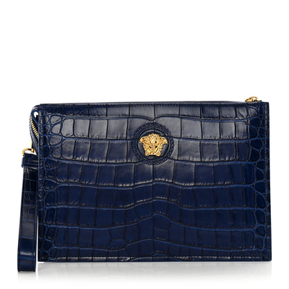 Versace Calfskin Crocodile Embossed La Medusa Pouch Blue 1 of 6