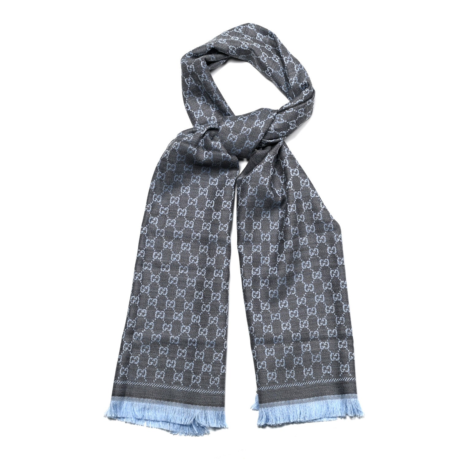 Gucci Wool GG Monogram Reversible New Sten Fringe Scarf Flannel Sky Blue 1 of 4