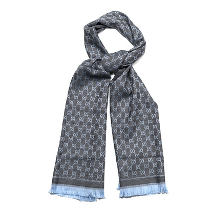 Gucci Wool GG Monogram Reversible New Sten Fringe Scarf Flannel Sky Blue 1 of 4