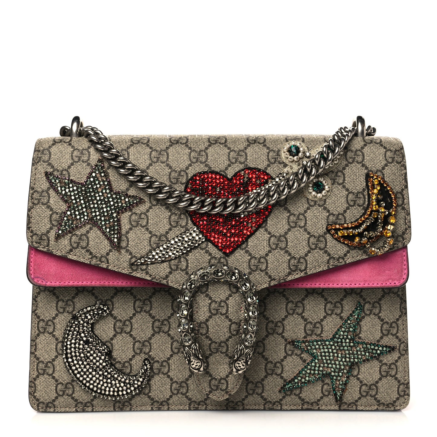 GG Supreme Monogram Suede Pierced Heart Embroidered Medium Dionysus Shoulder Bag Beige Ebony Pink Tropical Flower