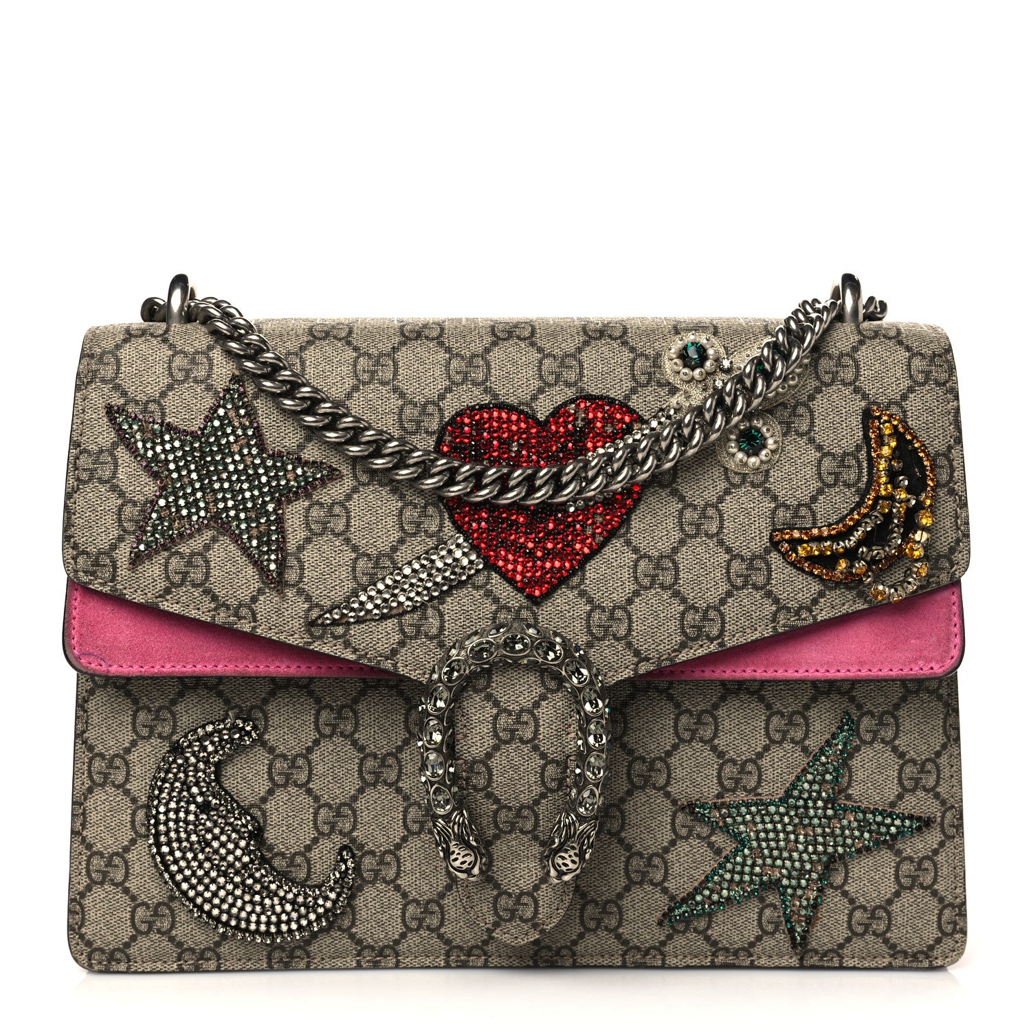 Gucci GG Supreme Monogram Suede Pierced Heart Embroidered Medium Dionysus Shoulder Bag Beige Ebony Pink Tropical Flower 1 of 11