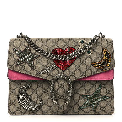 Gucci GG Supreme Monogram Suede Pierced Heart Embroidered Medium Dionysus Shoulder Bag Beige Ebony Pink Tropical Flower 1 of 11