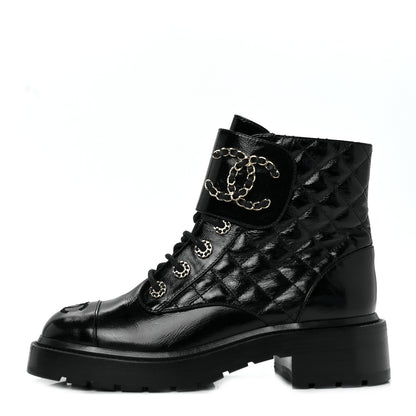 Chanel Shiny Goatskin Calfskin Quilted Lace Up Combat Boots 37 Black 1 of 8