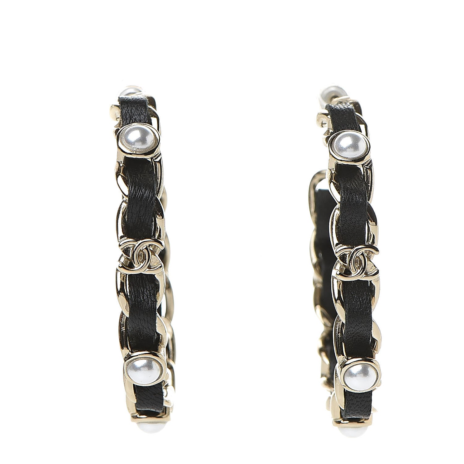 Chanel Lambskin Pearl CC Chain Hoop Earrings Gold Black 1 of 5