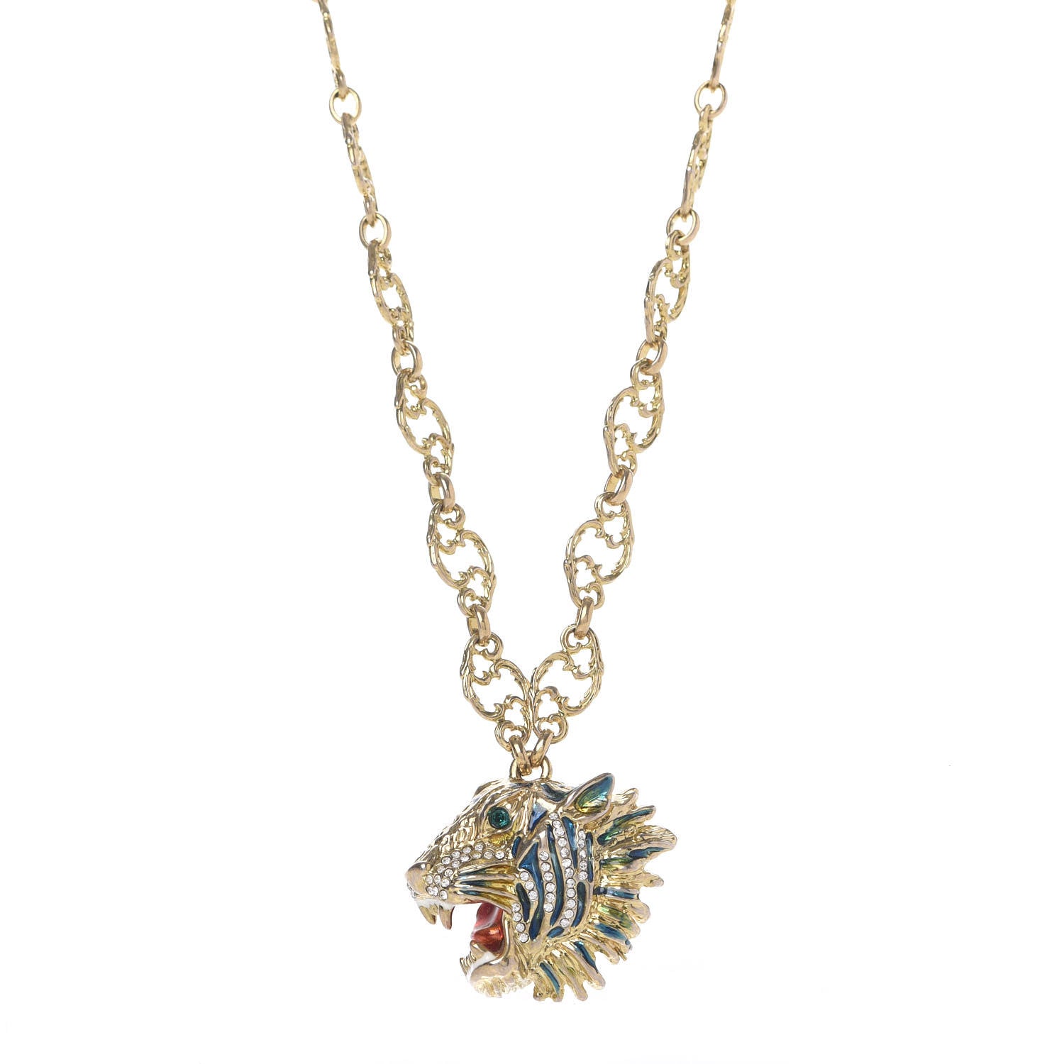 Gucci Metal Enamel Roaring Tiger Pendant Necklace Gold 1 of 6