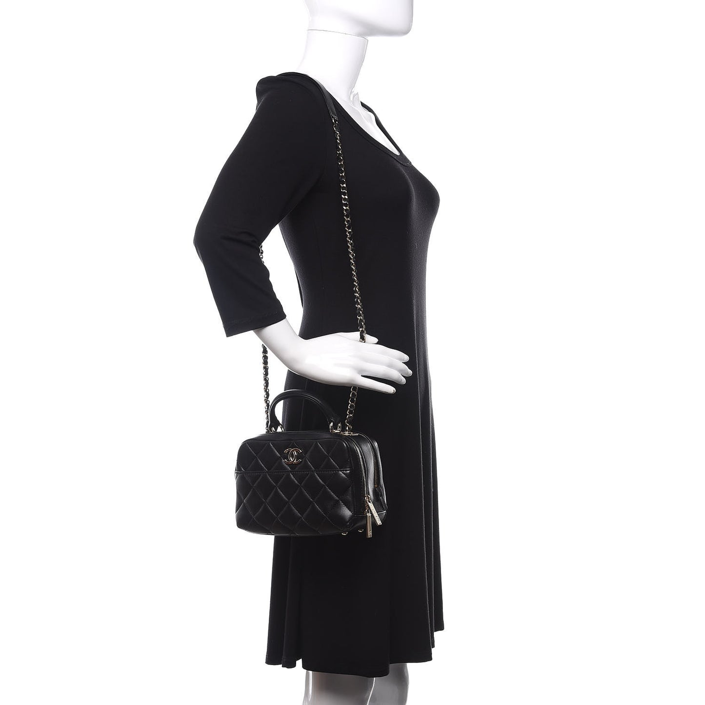 Lambskin Quilted Small Trendy CC Bowling Bag Black