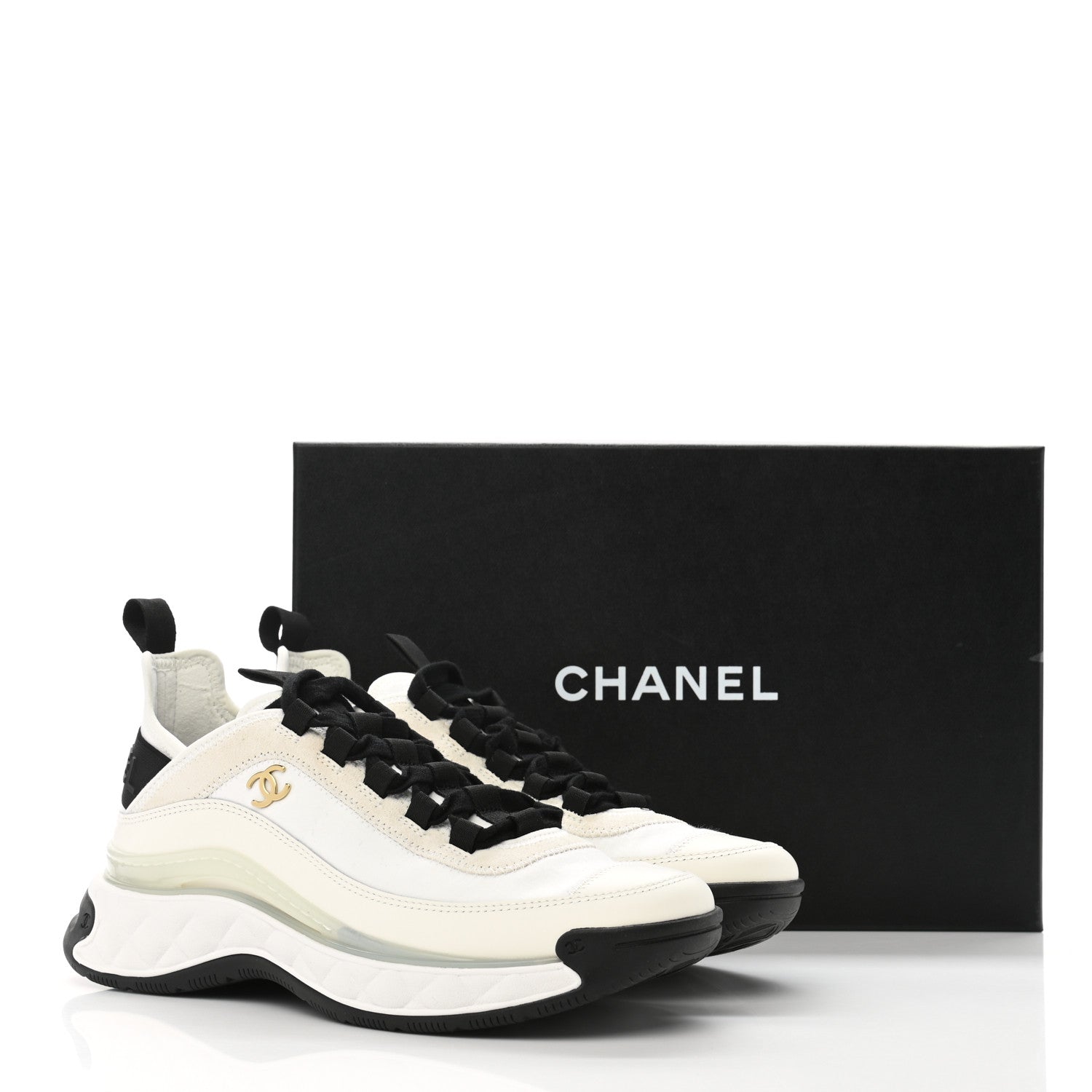 Chanel Velvet Calfskin Mixed Fibers CC Sneakers 37.5 Ivory Black 10 of 10