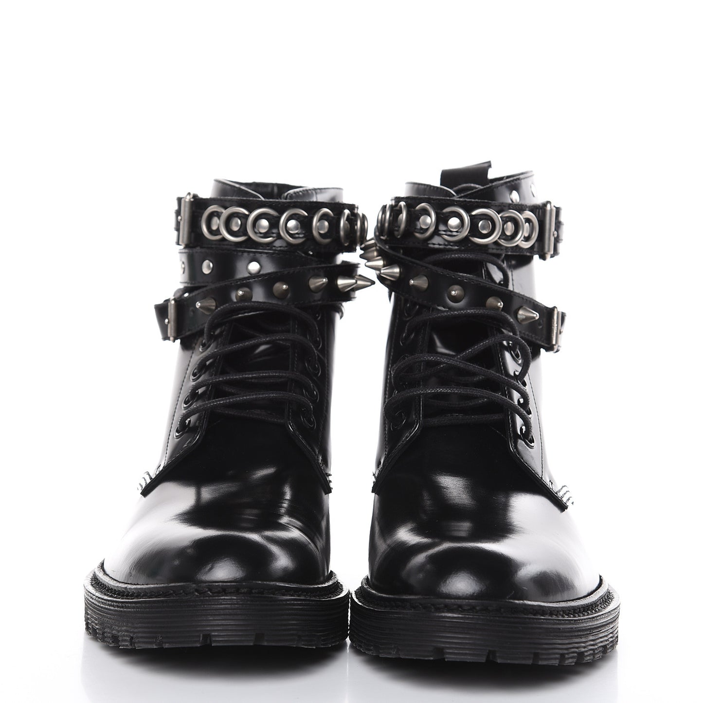 Smooth Calfskin Studded Womens Lace-Up Combat Boots 38 Black