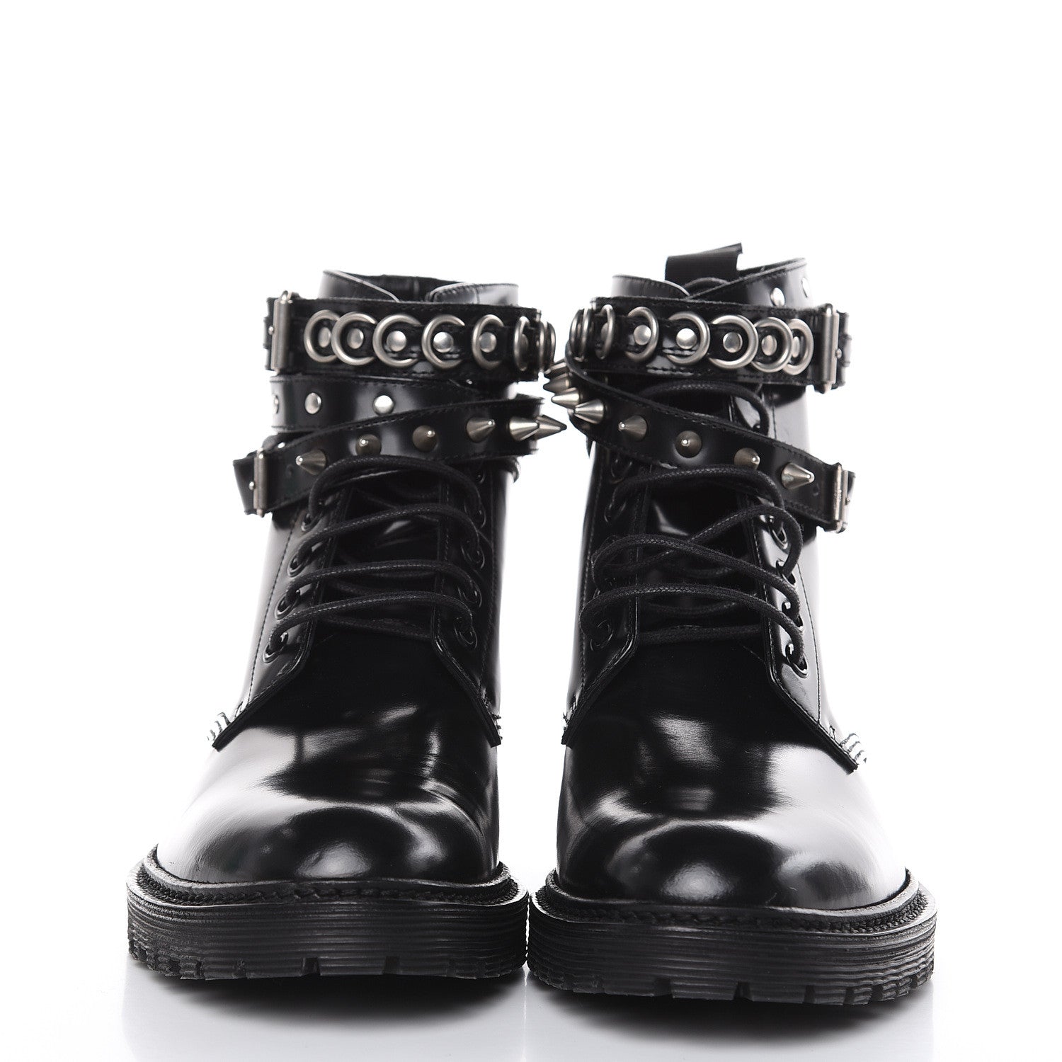 Saint Laurent Smooth Calfskin Studded Womens Lace-Up Combat Boots 38 Black 2 of 7