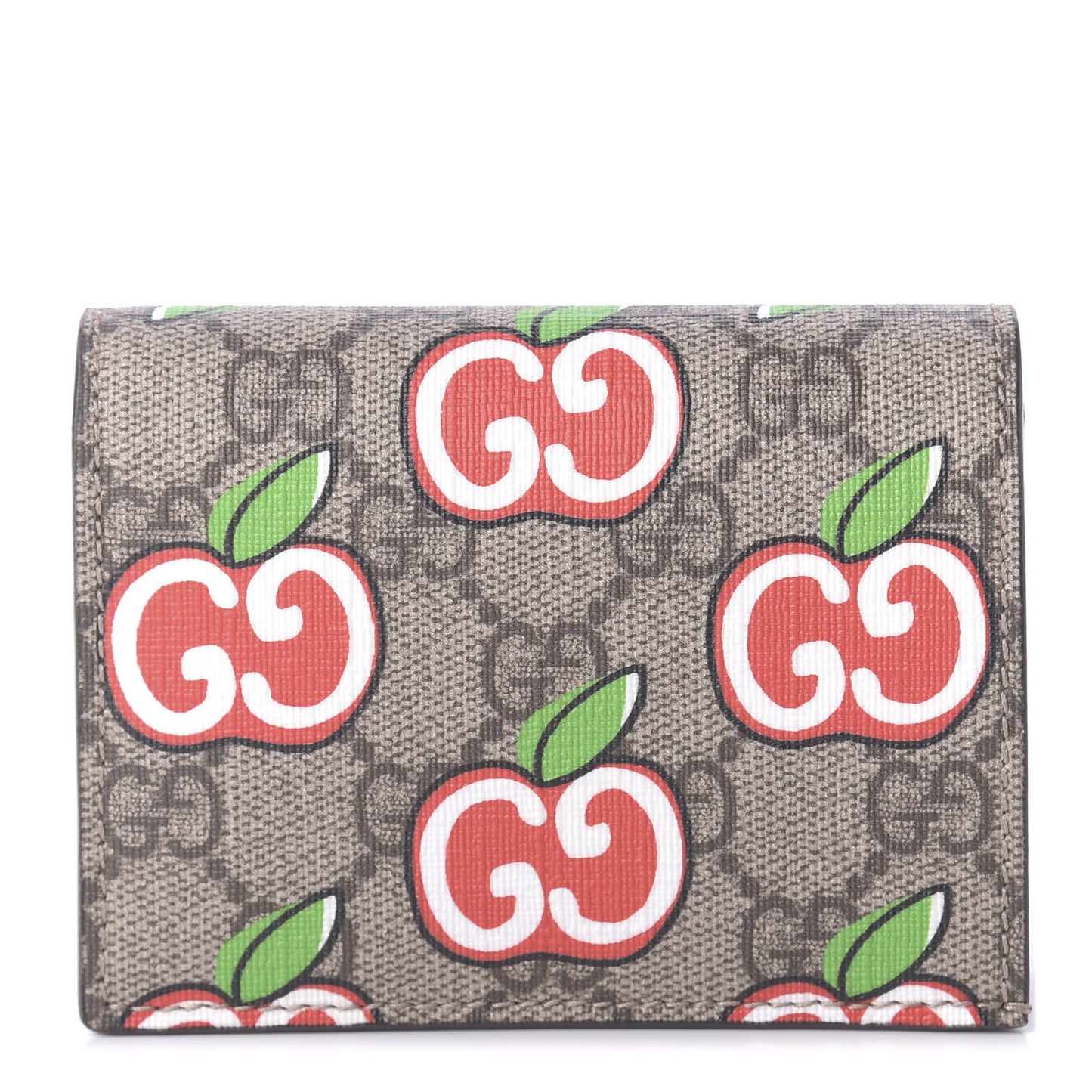 GG Supreme Monogram Apple Card Case Wallet Beige Multicolor Lobster Red
