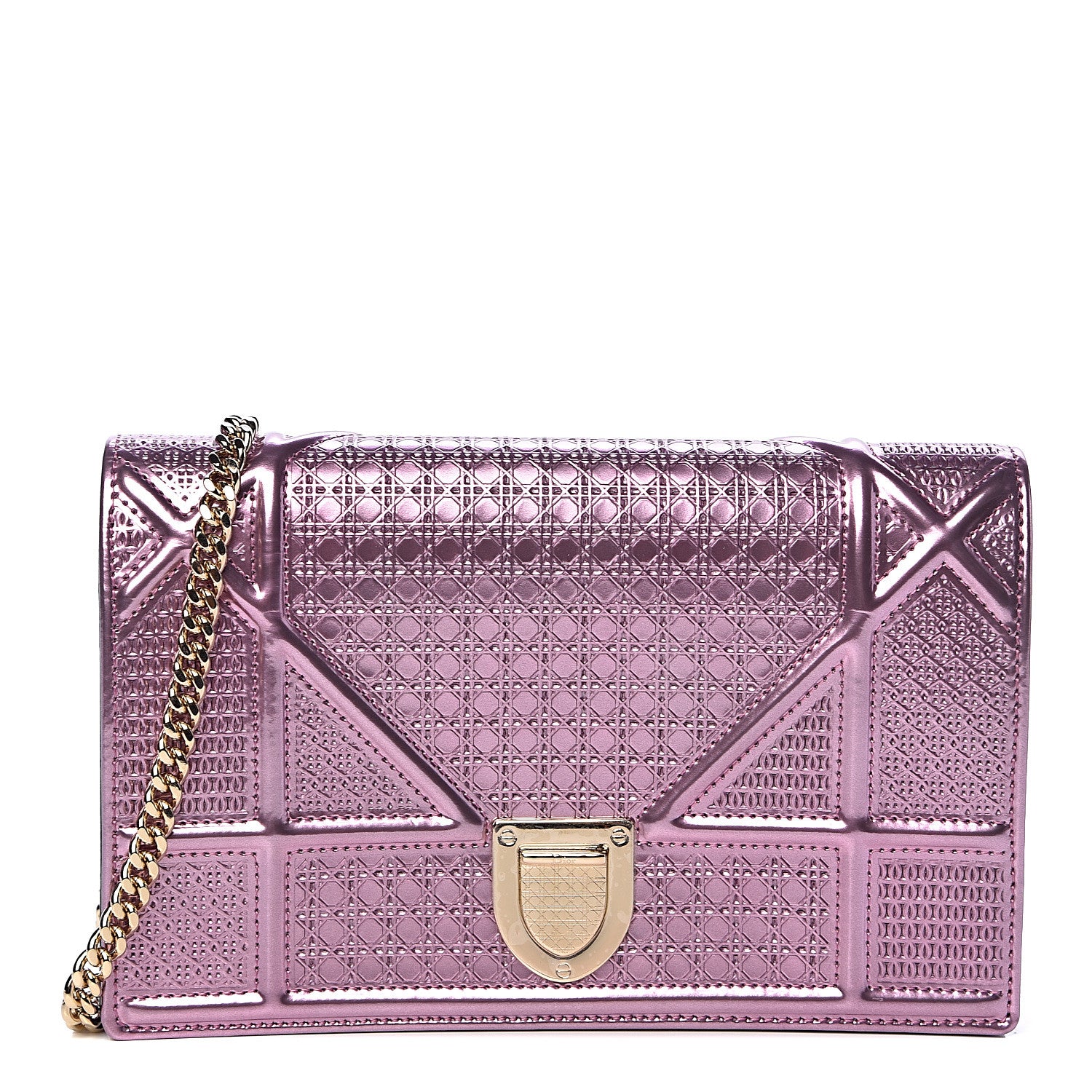Christian Dior Metallic Patent Micro-Cannage Diorama Wallet on Chain Pouch Pink 1 of 9